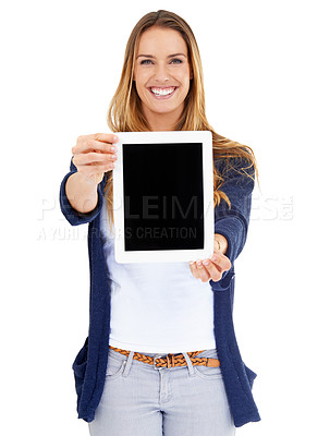 Buy stock photo Woman portrait, tablet mockup and presentation isolated on a white background, screen space or website marketing. Happy person or digital user with technology, software or online app design in studio