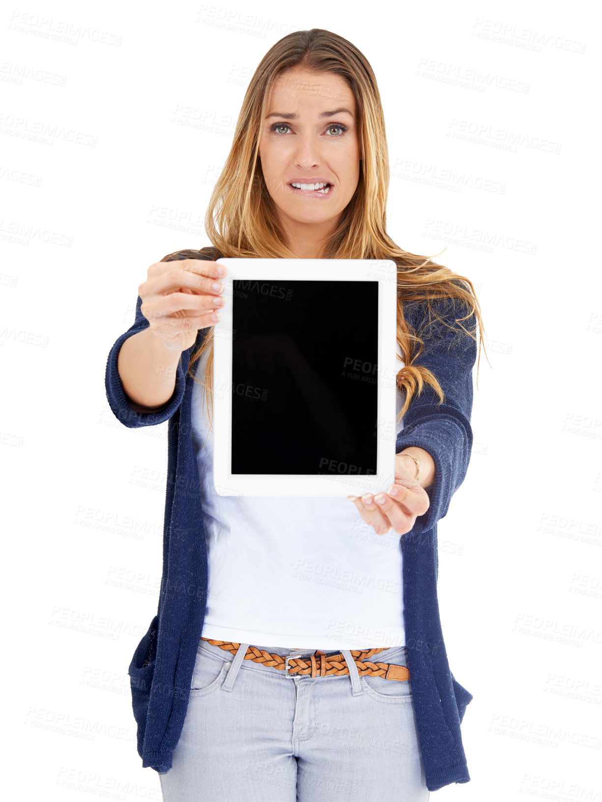 Buy stock photo Portrait, woman and showing tablet screen for mockup, advertising or promotion. Confused, person and technology for internet or space on display for social media isolated on white studio background