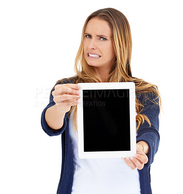 Buy stock photo Portrait, show and woman with tablet screen for space, advertising or promotion. Face, doubt and person with tech, internet or mockup on display for social media isolated on a white studio background