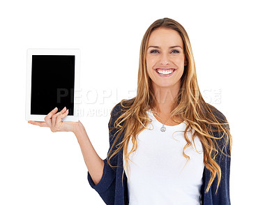 Buy stock photo Tablet, screen and happy woman in portrait isolated on white background and mockup space for online marketing. Face of person or digital user for technology in hand, software or application in studio