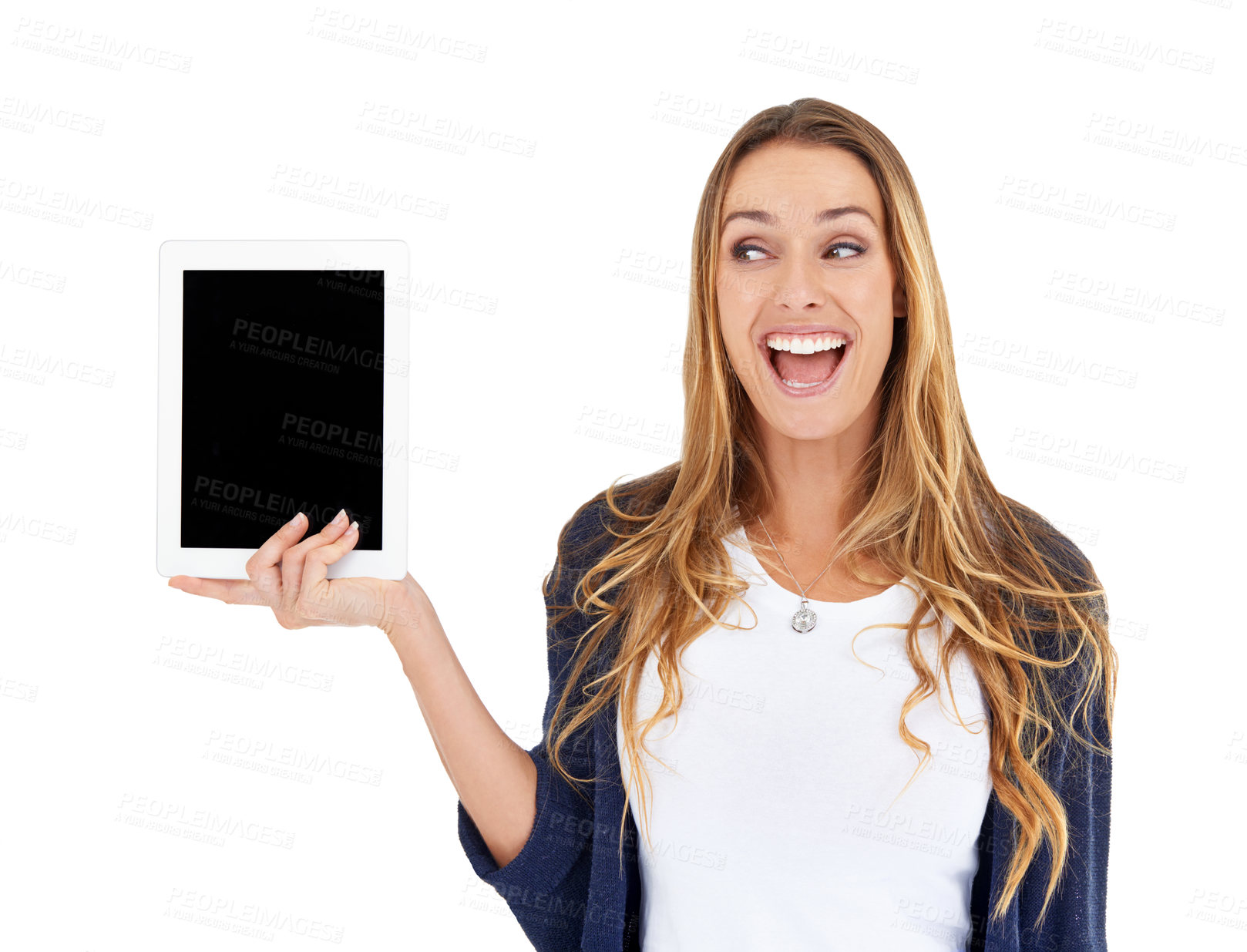 Buy stock photo Tablet, screen mockup and excited woman isolated on a white background with wow for sale, deal or online news. Happy person or digital user surprise on technology application for discount in studio
