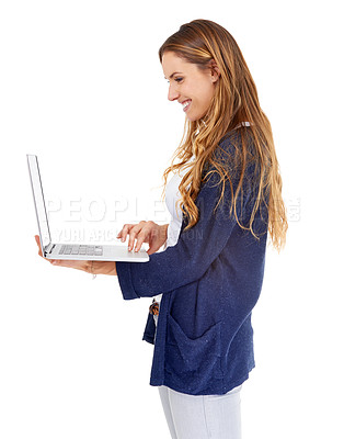 Buy stock photo Woman, looking and studio with laptop search for website, social network and connection. Female person, information technology and streaming media, internet and research online with white background