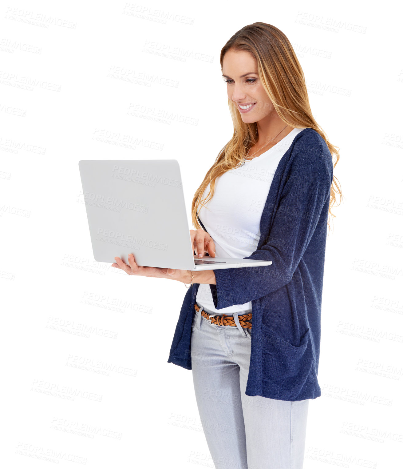 Buy stock photo Woman, smile and studio with computer search for website, social network and connection. Female person, information technology and streaming media, internet and browsing online with white background