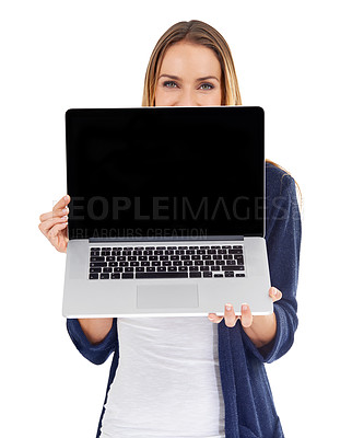 Buy stock photo Laptop screen, mockup and woman portrait isolated on a white background for website launch or coming soon. Person or model with computer mock up space for advertising or presentation in studio
