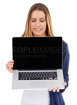 Buy stock photo Laptop screen, mockup and woman confused isolated on a white background for website choice, decision or bad results. Person or model with computer mock up or online space with news or doubt in studio