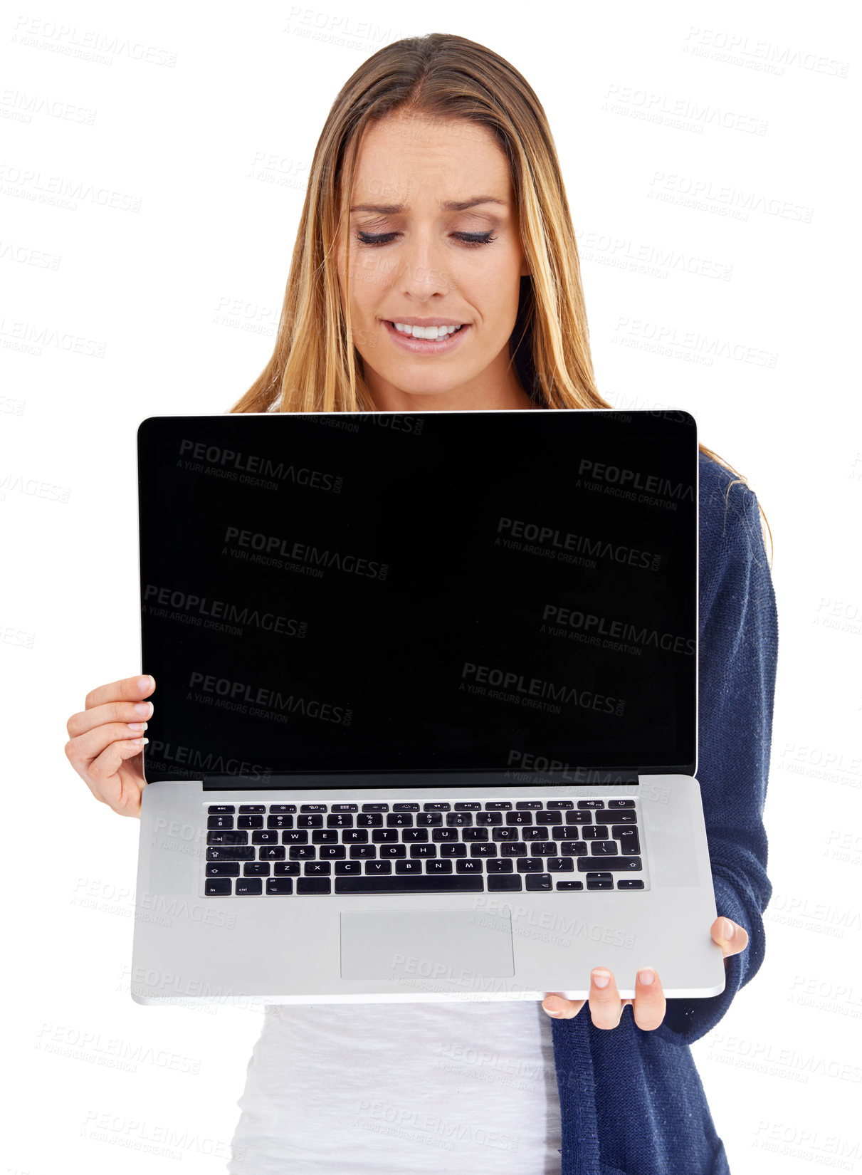 Buy stock photo Laptop screen, mockup and woman confused isolated on a white background for website choice, decision or bad results. Person or model with computer mock up or online space with news or doubt in studio