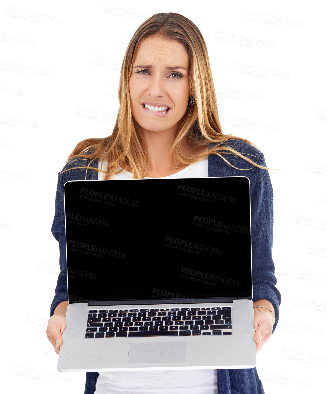 Buy stock photo Computer screen, stress and woman portrait isolated on a white background, website choice, confused or online mistake. Person with laptop mockup and doubt, fear or worried for app results in studio