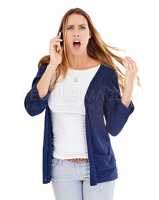 Buy stock photo Woman, portrait and phone call for shock in studio, networking and communication on white background. Female person, surprise and app for conversation, contact and crazy gossip or information on tech