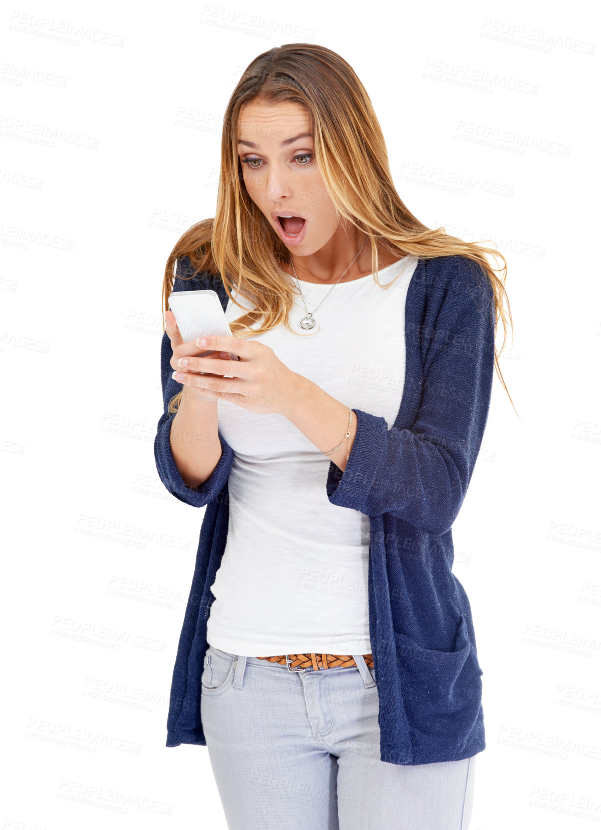 Buy stock photo Shocked, wow and woman on a phone isolated a white background for fake news, wrong email or mistake. Surprise, fear or stress of person or online user with cellphone or mobile app problem in studio
