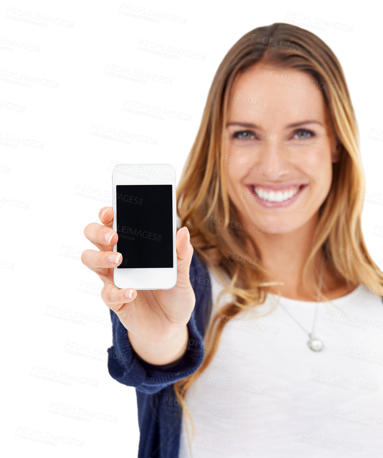 Buy stock photo Showing phone screen, happy and portrait of a woman isolated on a white background in a studio. Smile, promotion and a young lady with a mobile in hand for connectivity, communication and branding