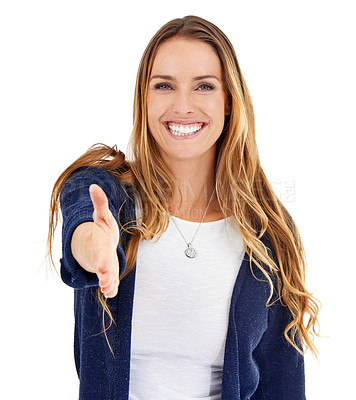 Buy stock photo Handshake, offer and portrait of woman isolated on a white background for welcome, agreement or introduction. Happy person shaking hands in client pov for greeting, congratulations or deal in studio
