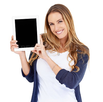 Buy stock photo Tablet screen, space and woman in portrait isolated on white background of website design or advertising mock up. Happy person or online user with digital technology, application and mockup in studio