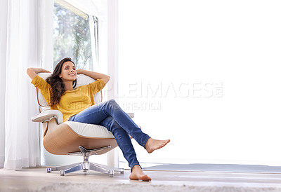 Buy stock photo Break, relax and woman in a chair in a home with tired, smile and calm in a lounge and living room. Happy, chill and female freelancer in the morning sitting with peace and sleep  with mockup space