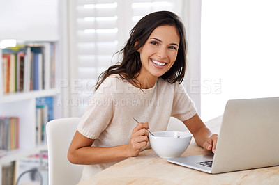 Buy stock photo Woman, eating and cereal with laptop remote work from home in portrait with smile for healthy meal. Person, freelance writer and breakfast for diet, nutrition or computer at table in morning at house