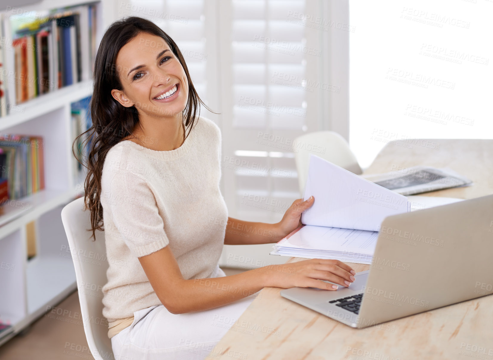 Buy stock photo Documents, smile and portrait of woman with laptop working on creative project at home office. Happy, technology and female freelance designer with paperwork and computer in workspace at apartment.