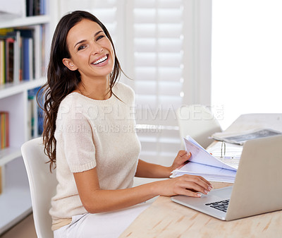 Buy stock photo Paperwork, smile and portrait of woman with laptop working on creative project at home office. Happy, technology and female freelance designer with documents and computer in workspace at apartment.