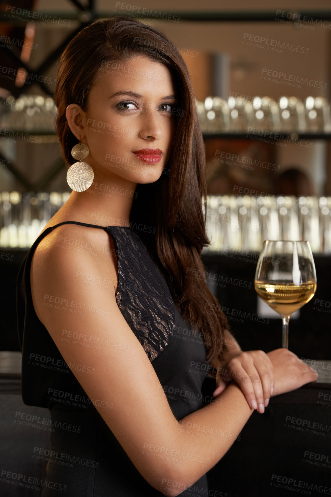 Buy stock photo Woman, portrait and bar counter at cocktail event with alcohol, fashion and fancy night. Drink, confidence and party with elegant and stylish clothing with glamour in a restaurant for fine dining