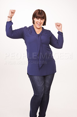 Buy stock photo Woman, portrait and arms for celebration in studio for achievement victory, congratulations or white background. Female person, face and good news for winning confident for prize, promotion or bonus