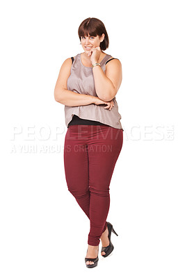 Buy stock photo Portrait, trendy and outfit with plus size woman in studio isolated on white background for style. Clothes, confidence or fashion model with attitude in clothing and high heels for casual wear 