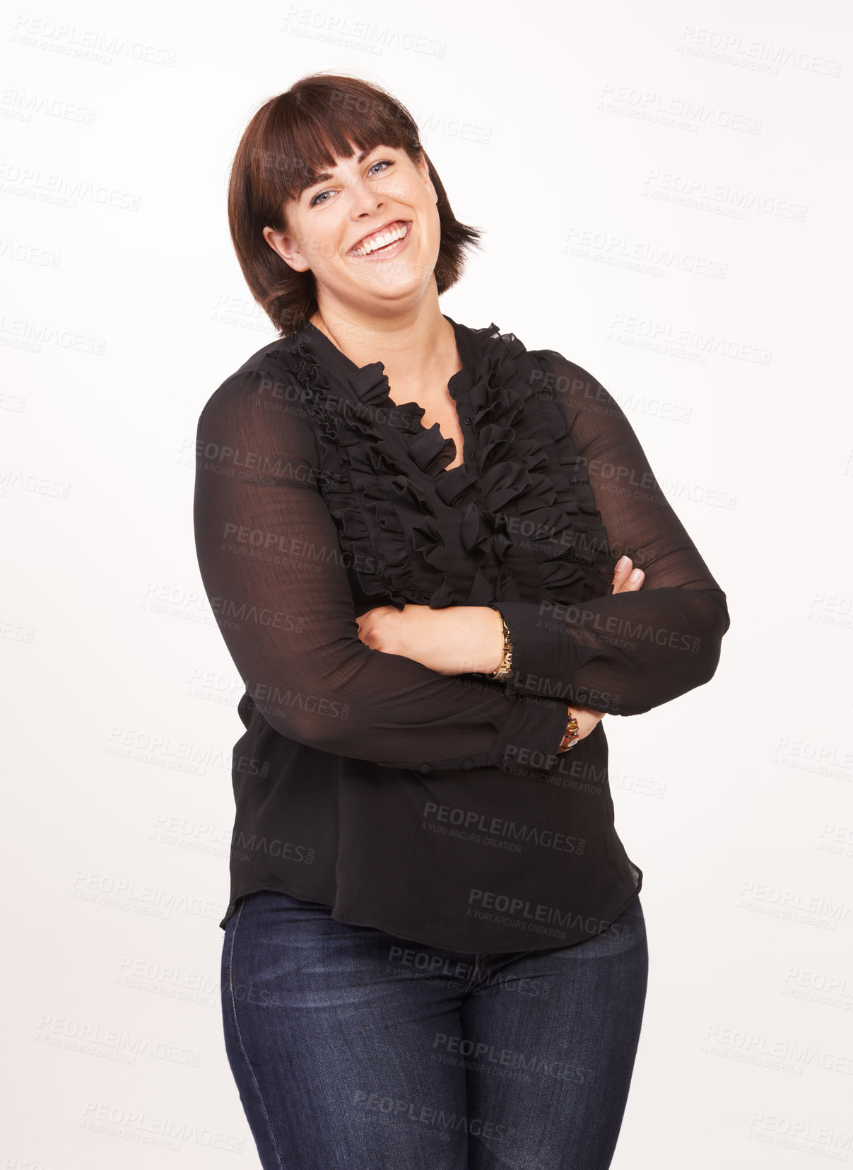 Buy stock photo Portrait of a pretty and curvy woman on a white background