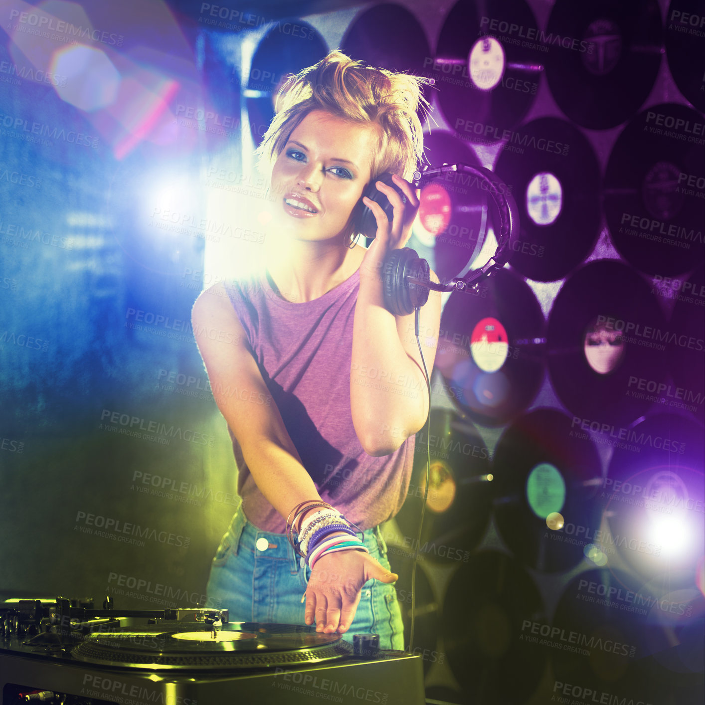 Buy stock photo Nightclub, DJ and portrait of woman playing music with headphones and vinyl record on table. Techno, rave and musician at concert, event mixing sound and audio for entertainment at party at night