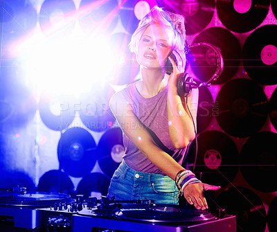 Buy stock photo Portrait, woman dj and headphones for retro, nightclub and party with neon lights and lens flare. Happy gen z person, listen and mixing tracks and vinyl at rave or techno music event in Berlin disco