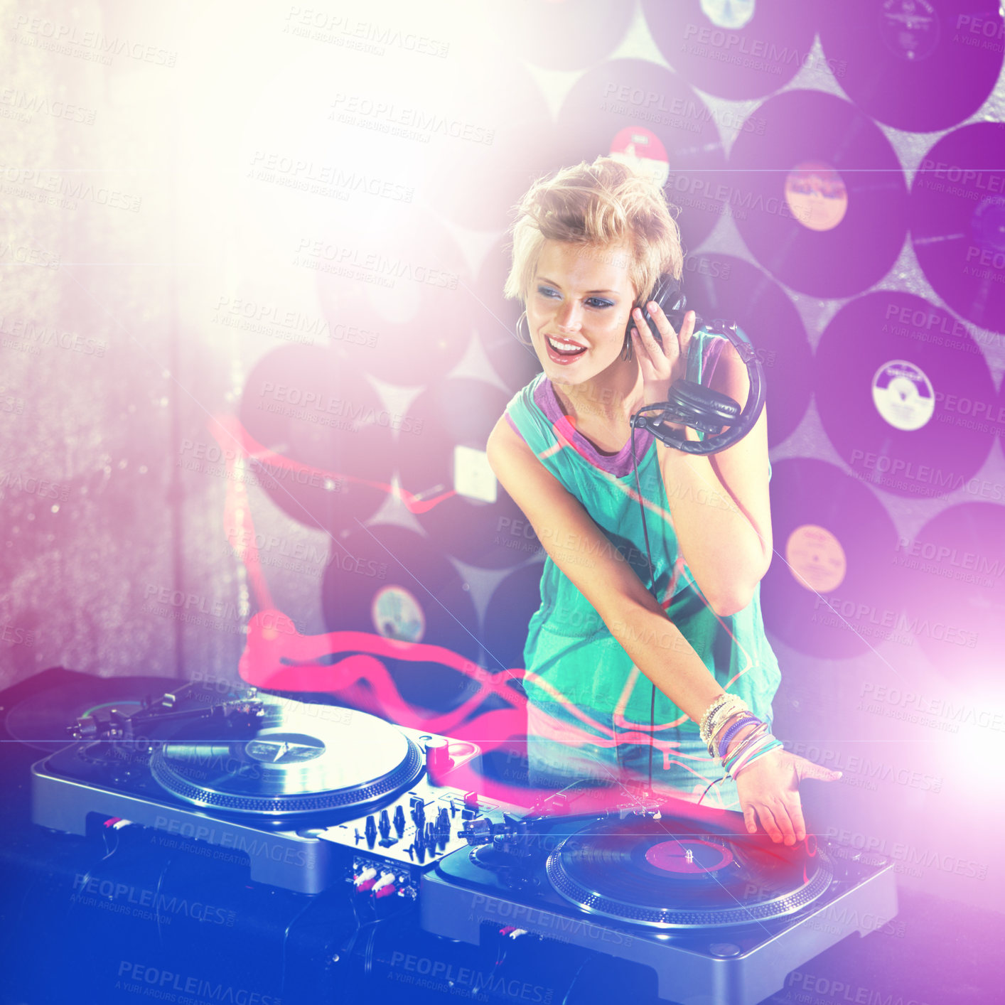 Buy stock photo Woman dj, headphones and listen in night club for party with turntable, neon lights and lens flare. Gen z female person, smile or mixing decks at event with happy, techno and music in Berlin disco