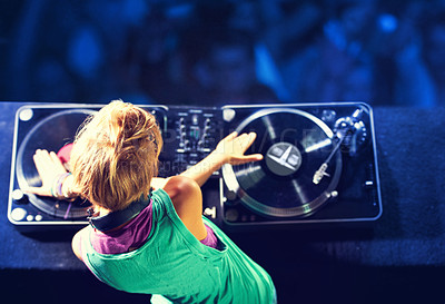 Buy stock photo Person, hands and turntable for nightclub performance for celebration dance party for listen, entertainment or event. Dj, headphones and techno in Florida for new year crowd, audience or electronic