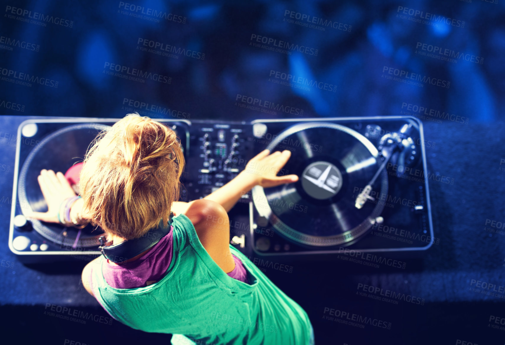 Buy stock photo Person, hands and turntable for nightclub performance for celebration dance party for listen, entertainment or event. Dj, headphones and techno in Florida for new year crowd, audience or electronic