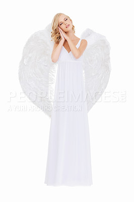 Buy stock photo Holy, angel wings and woman with peace, calm and person isolated on white studio background. Girl, guardian and religion with worship or spiritual with faith and trust with hope, goddess or celestial