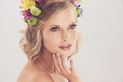 Buy stock photo Woman, thinking and flowers on crown in studio with makeup and confidence for cosmetics, beauty and skincare. Spring aesthetic, face and floral headband with mockup space and idea on white background