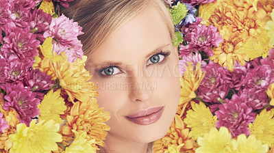 Buy stock photo Woman, portrait and flowers with makeup for beauty, creativity and wellness with spring aesthetic and floral art. Model, organic cosmetics and carnation plants for facial glow, smile and flowerbed