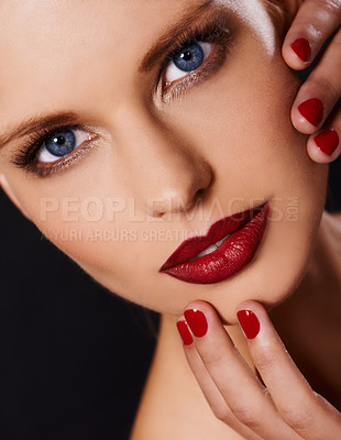 Buy stock photo Portrait, makeup and manicure with woman isolated on dark background for cosmetics or satisfaction. Salon, red lipstick and nail polish with confident young model in studio for beauty or wellness