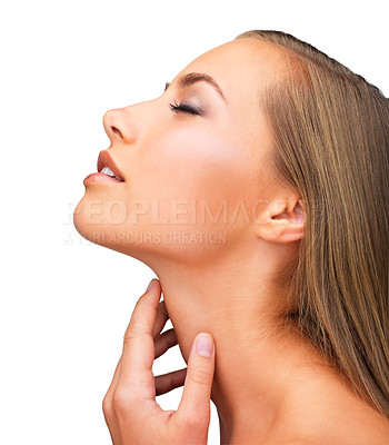Buy stock photo Woman, calm and beauty with skincare, profile and facial treatment in a studio. Dermatology, wellness and natural glow with relax female person and skin cosmetics for face with white background