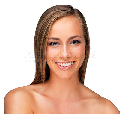 Buy stock photo Studio shot of a beautiful brunette woman isolated on white