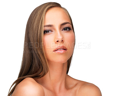 Buy stock photo Woman, portrait and skincare for glow in studio, beauty and cosmetics on white background. Female person, facial treatment and confidence for healthy skin, attitude and pride for shine or dermatology