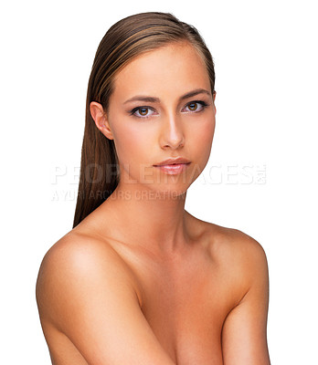 Buy stock photo Woman, portrait and topless for skincare in studio, beauty and cosmetics on white background. Female person, facial treatment and confident for wellness, attitude and pride for glow or dermatology