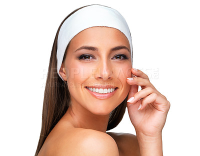 Buy stock photo Face, shine and natural beauty, woman for cosmetics with facial for skincare and dermatology on white background. Healthy glow, smooth skin and wellness with smile in portrait and self care in studio
