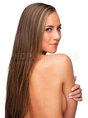 Buy stock photo Hair, body and portrait of naked woman in studio for beauty, wellness or treatment on white background. Haircare, face and back of nude model with growth, texture or smooth satisfaction and aesthetic