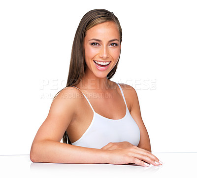 Buy stock photo Portrait, beauty and happy woman with manicure table in studio for hand, cosmetics or finger care on white background. Face, smile and female model with nails for polish, acrylic or transformation