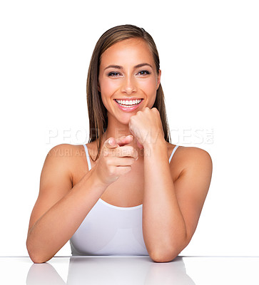 Buy stock photo Portrait, smile and woman pointing to you, beauty and person isolated on a white studio background. Face, model and girl with mockup space and hand gesture with cosmetics and excited with fun choice 