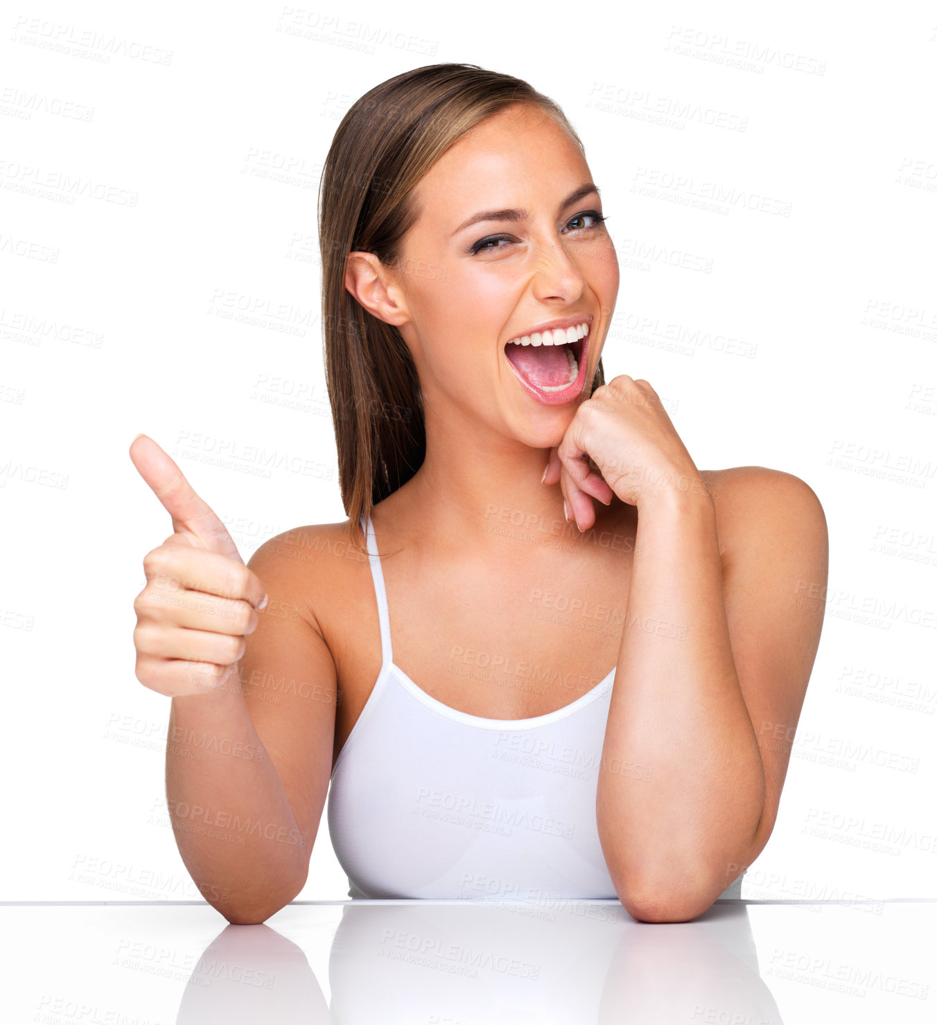 Buy stock photo Portrait, makeup or happy woman with thumbs up in studio for cosmetic, approval or success on white background. Beauty, face or excited model show winner hand emoji for dermatology, support or praise