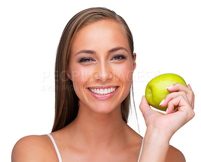 Buy stock photo Portrait, smile and apple for health with woman in studio isolated on white background for wellness. Face, diet and nutrition with happy young vegan model holding organic green fruit for detox