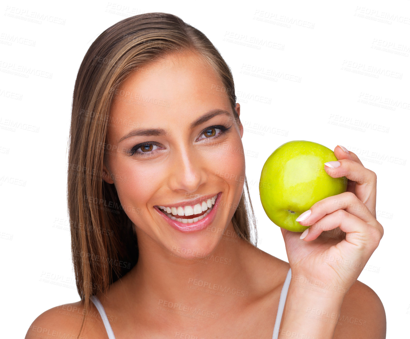 Buy stock photo Portrait, smile and apple for wellness with woman in studio isolated on white background for diet. Face, health and nutrition with happy young vegan model holding organic green fruit for detox