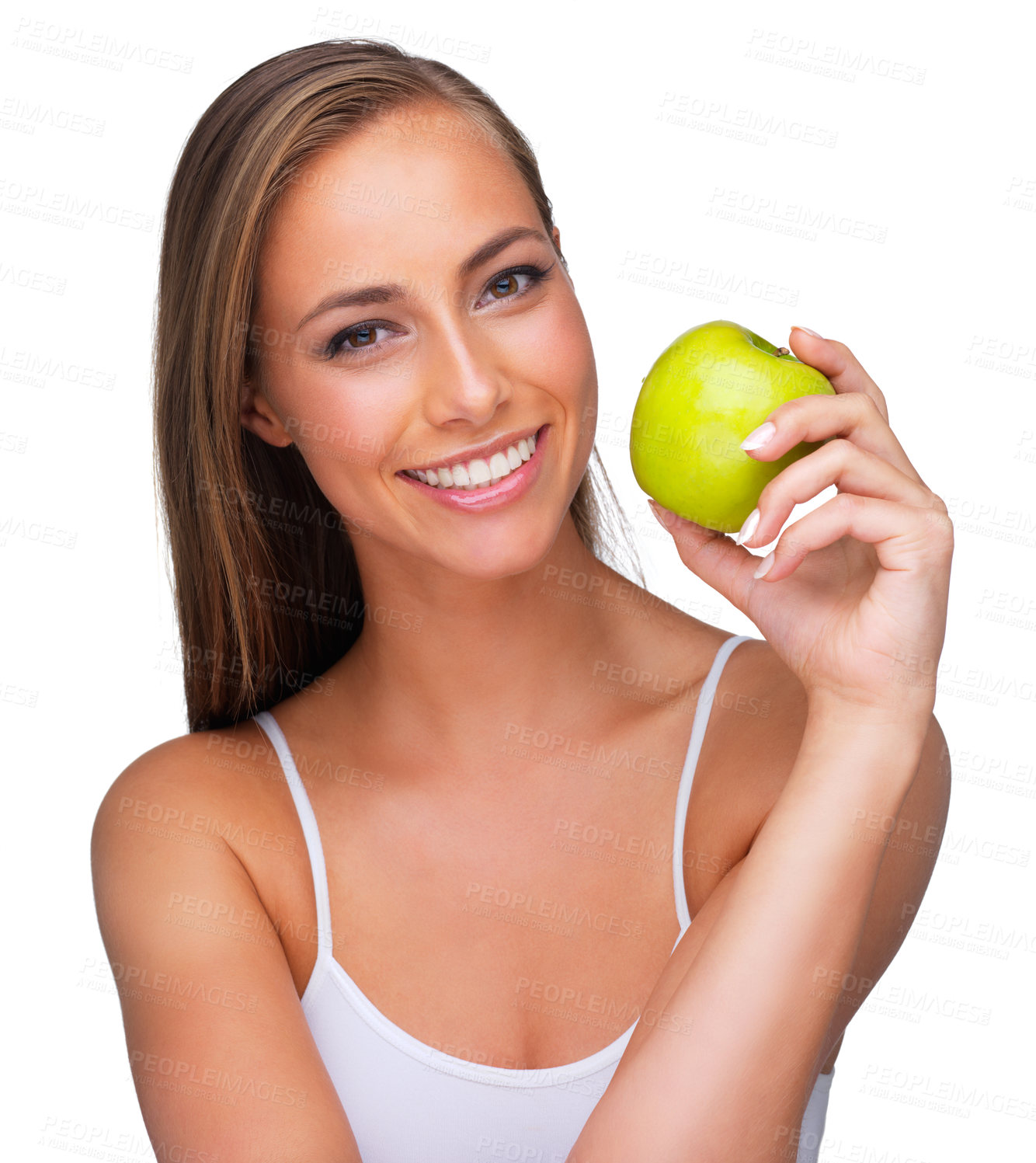 Buy stock photo A young woman smiling while she holds an apple - isolated
