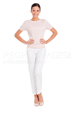 Buy stock photo Fashion, confident and portrait of business woman on white background for career, job and work. Company, happy and isolated person with professional style, pride and positive attitude in studio