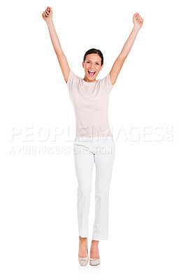 Buy stock photo Business woman, portrait and celebration in studio, smile and pride for career win on white background. Female person, full body and fist pump for promotion, bonus and happy for opportunity or reward