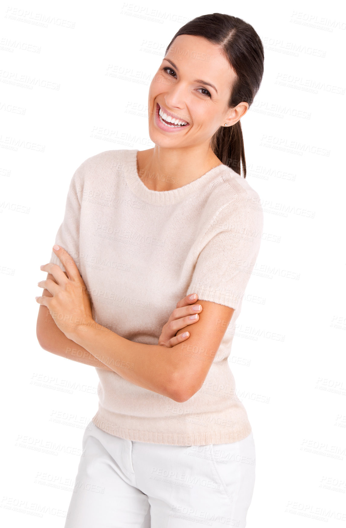 Buy stock photo Business woman, portrait and arms crossed in studio, smile and pride for career on white background. Female person, confident and happy for startup company, entrepreneur and positive for opportunity