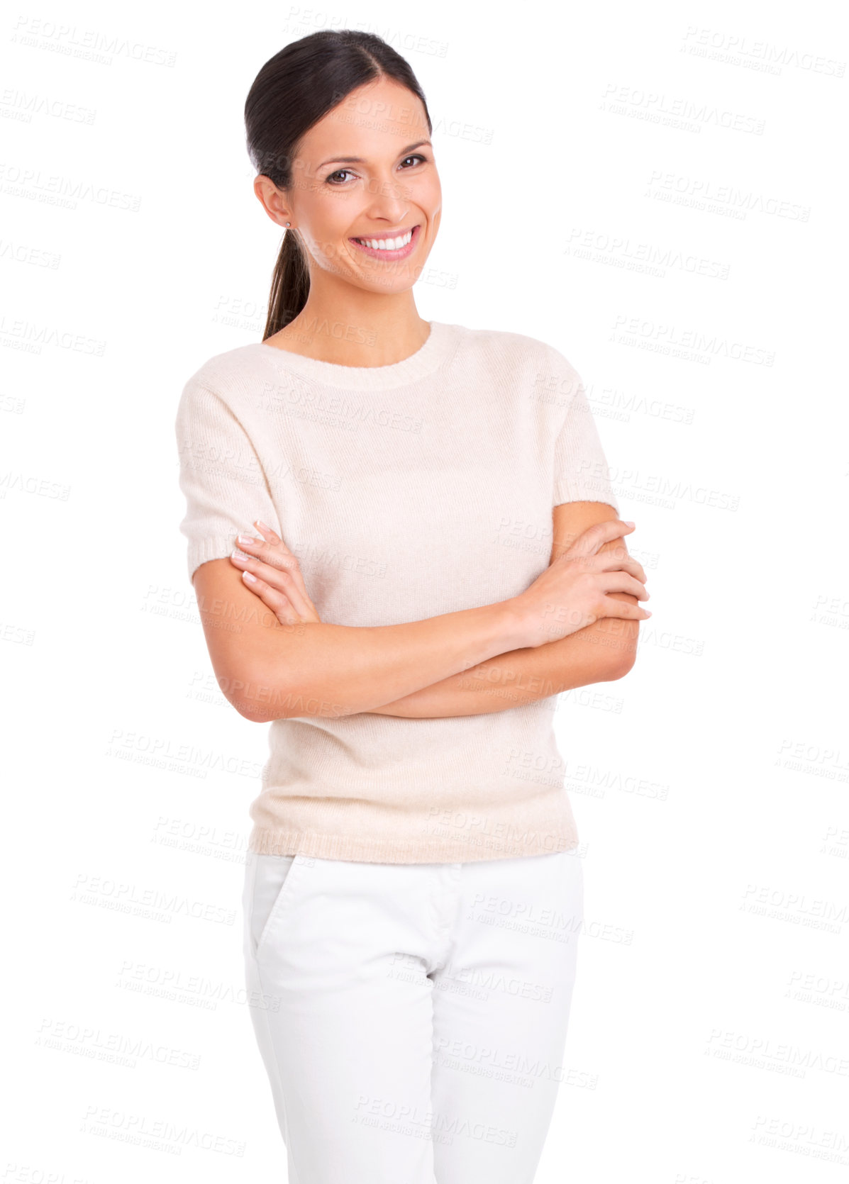 Buy stock photo Portrait, fashion and arms crossed with business woman in studio isolated on white background for work style. Job, confident and trendy outfit with happy or proud young employee in clothes for career