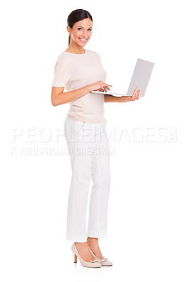 Buy stock photo Businesswoman, laptop and planning in studio, portrait and internet for research on white background. Happy female person, full body and online for social media, email and website for opportunity